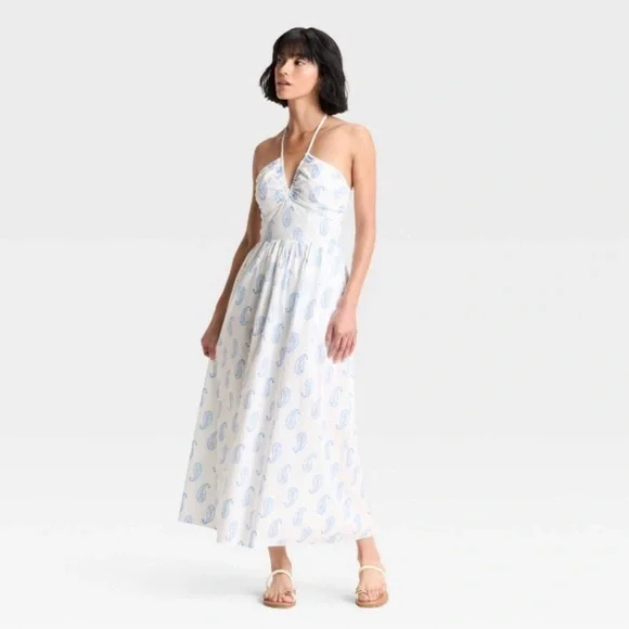 Universal Thread | Dresses | Universal Thread Maxi Halter Aline Dress White  Blue Paisley Size Xl Nwt | Poshmark